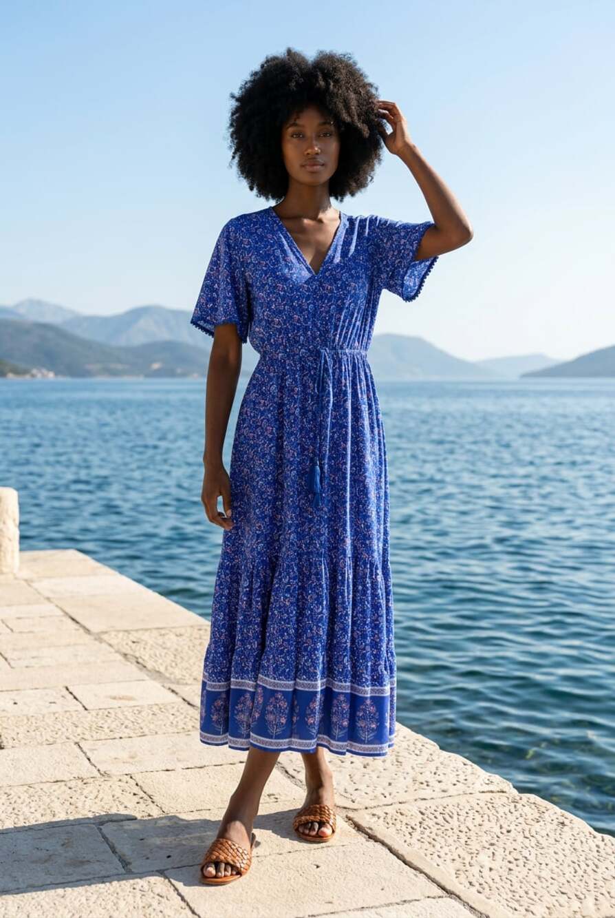 R.Vivimos Women's Short Sleeve V-Neck Floral Print Bohemian Maxi Dress